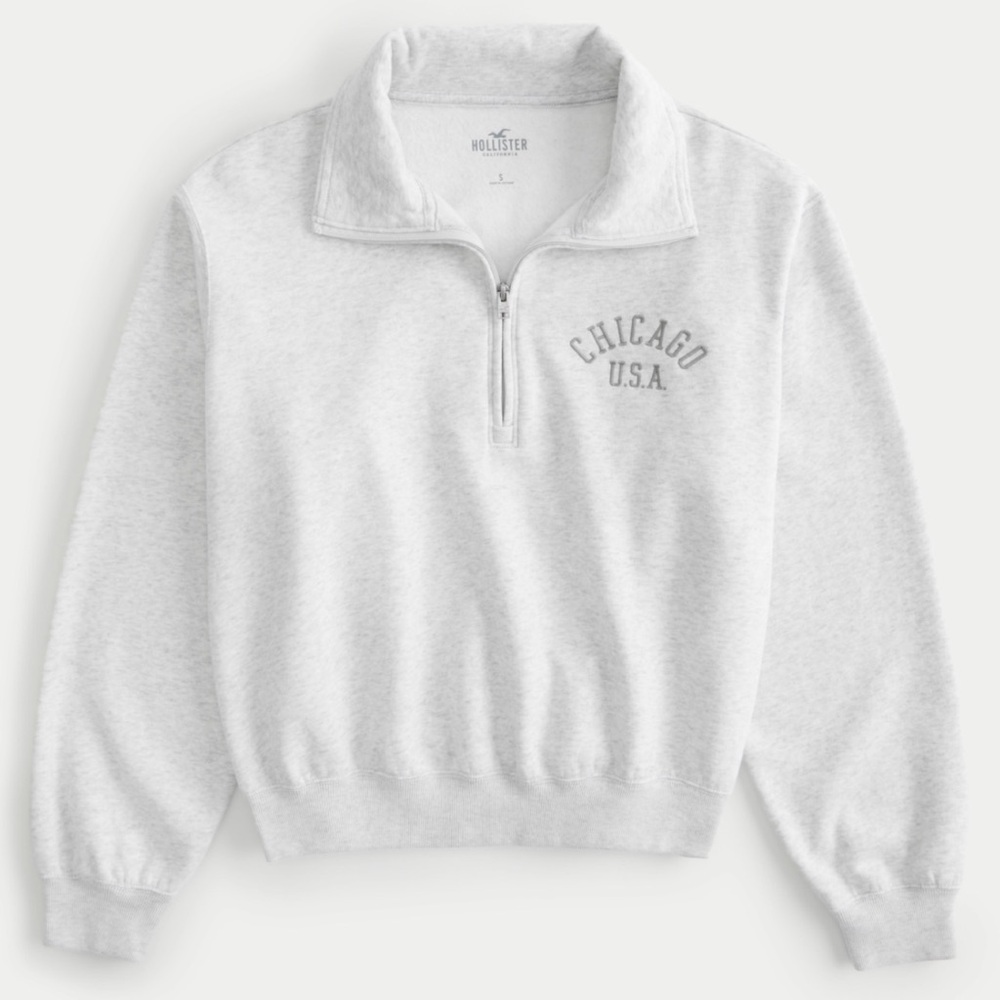 Hollister Light Gray Chicago USA Quarter Zip Sweatshirt